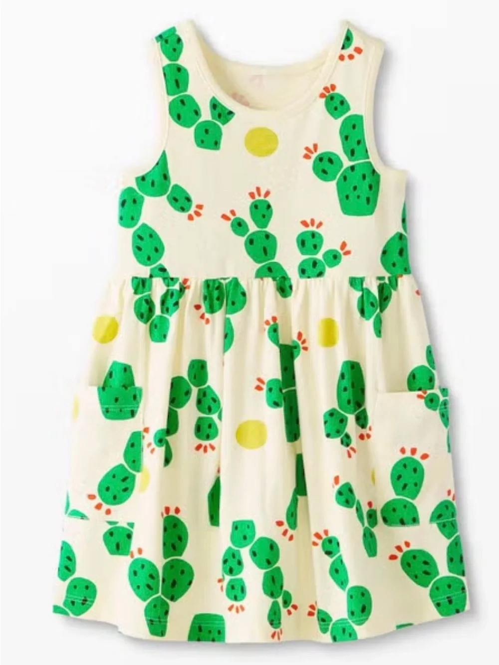 Hanna Andersson Cream Tank Dress with Green Cactus Print and Yellow Dots